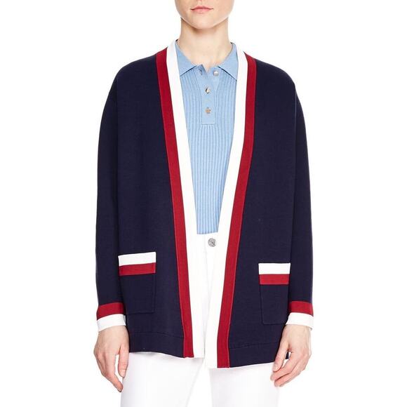 SANDRO paris cardigan aNouchica striped-trim woven sweater collegiate coat navy - Picture 1 of 10